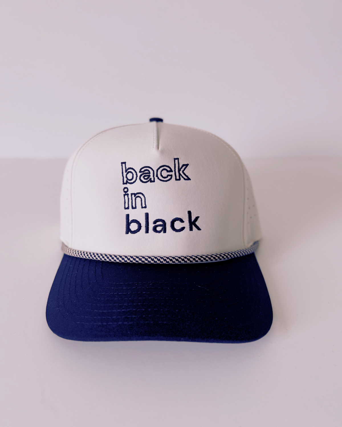 Back in Black Embroidered Baseball Hat, Black and Beige