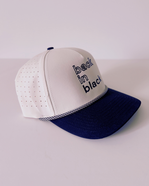 Back in Black Embroidered Baseball Hat, Black and Beige