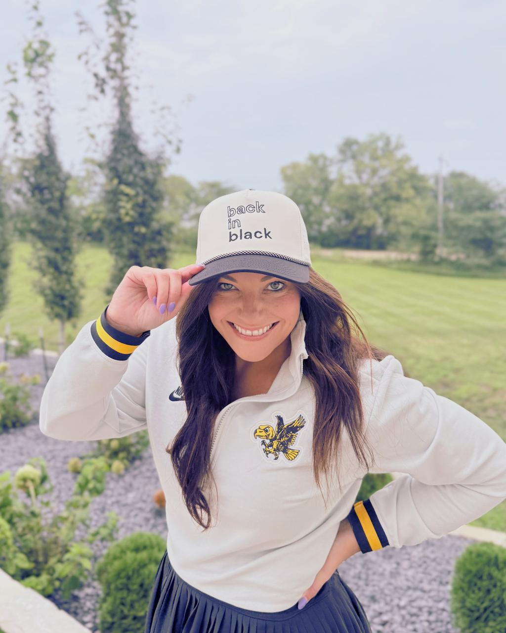 Back in Black Embroidered Baseball Hat, Black and Beige