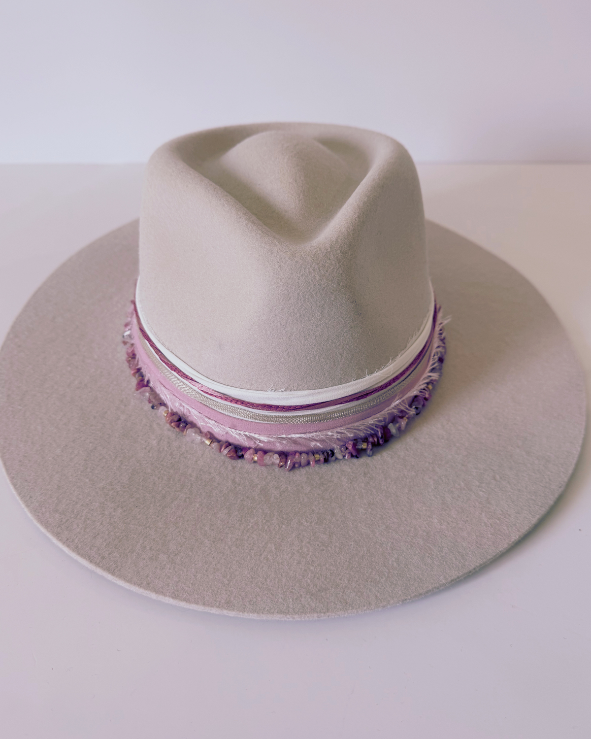 Beige 100% Wool Rancher Hat with Pink Beaded Band