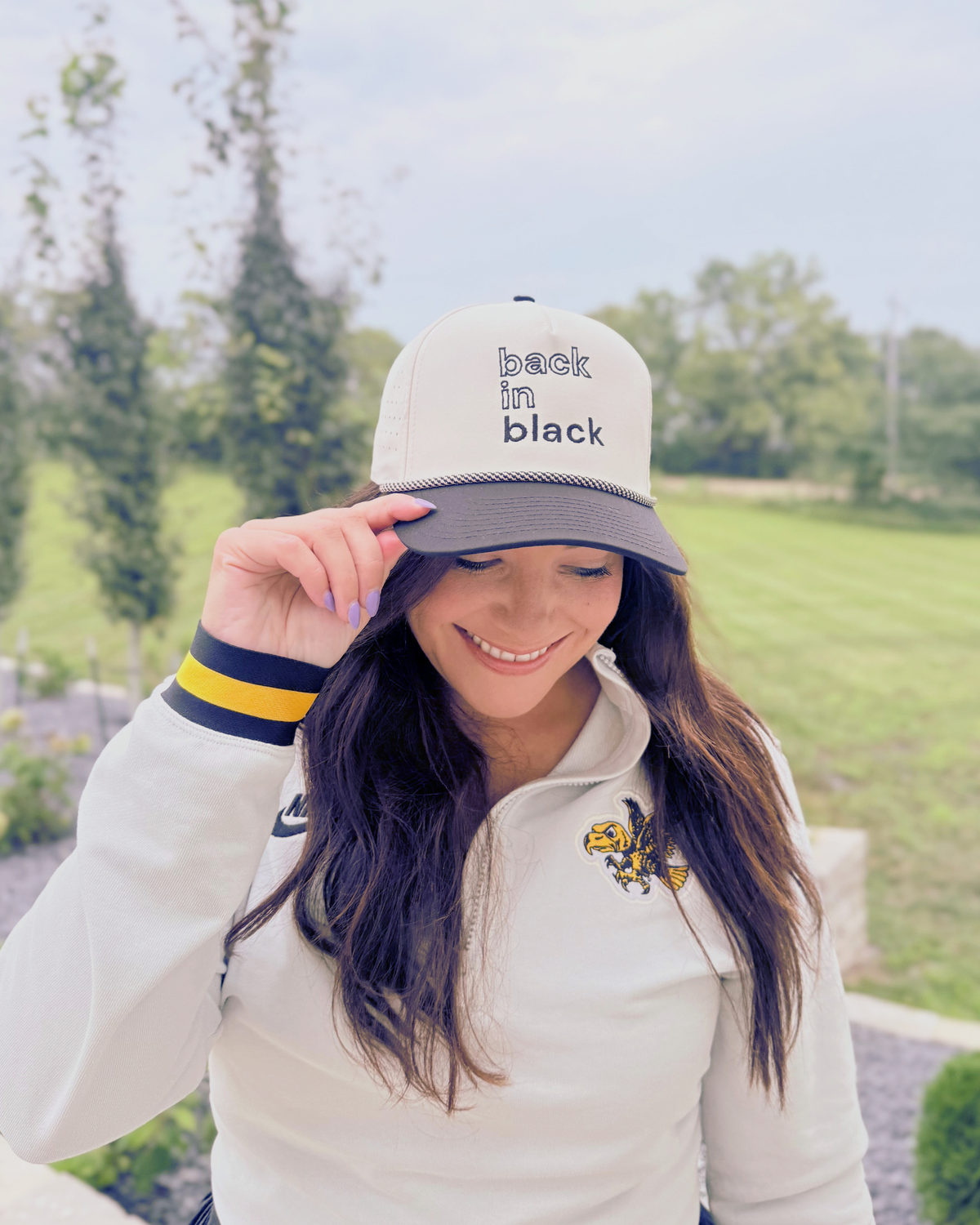 Back in Black Embroidered Baseball Hat, Black and Beige