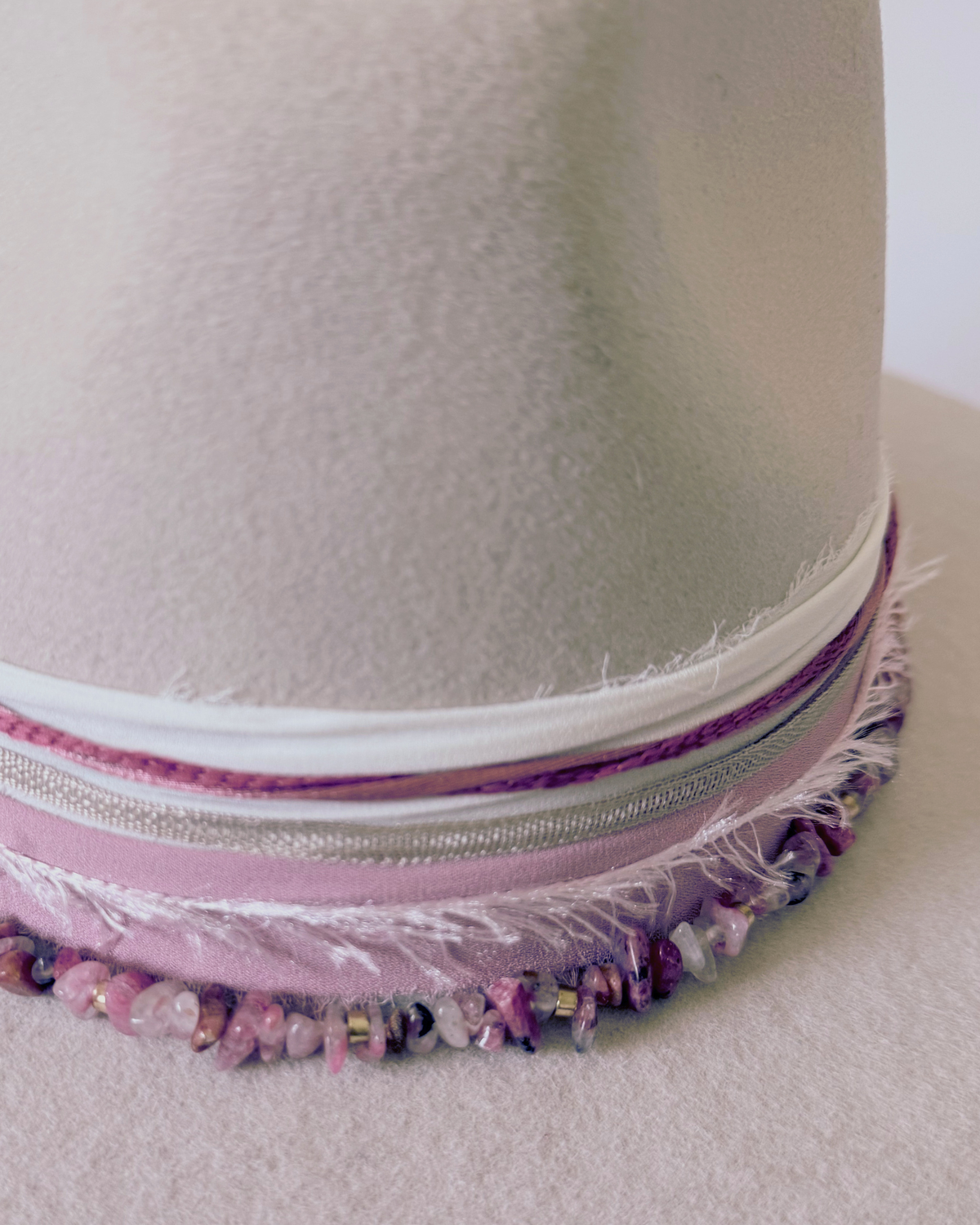 Beige 100% Wool Rancher Hat with Pink Beaded Band
