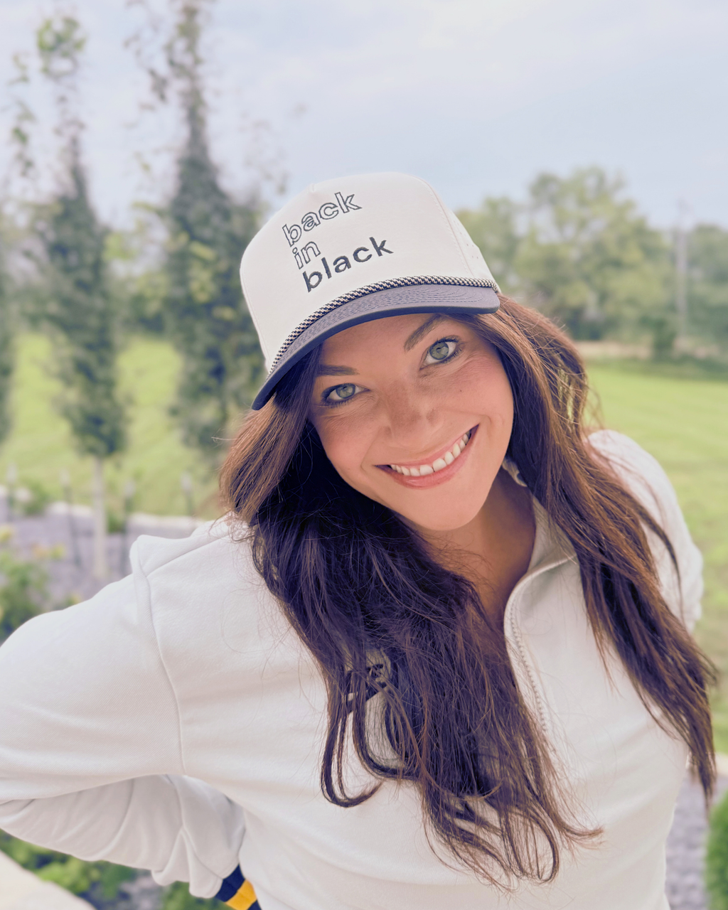 Back in Black Embroidered Baseball Hat, Black and Beige
