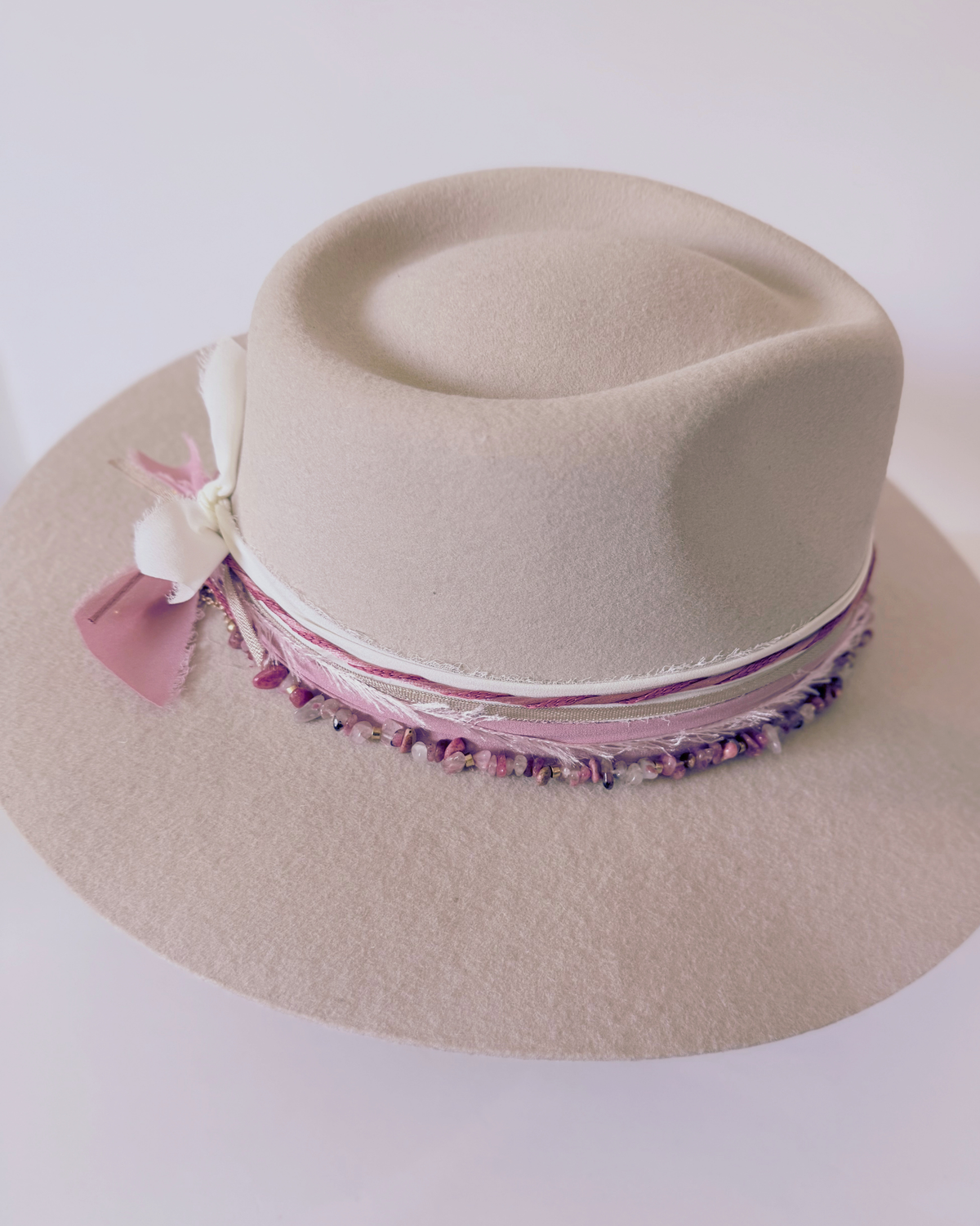 Beige 100% Wool Rancher Hat with Pink Beaded Band