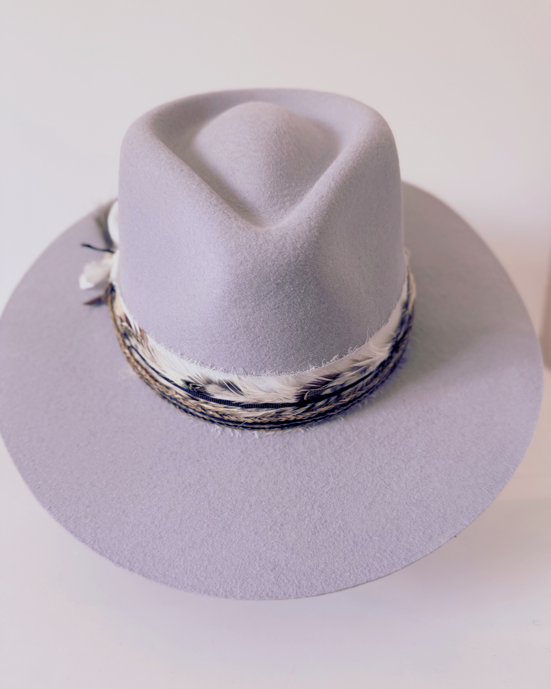 Grey/Lavender 100% Wool Rancher Hat with Feather & Horsehair Band