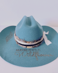 Turquoise Wool Felt Western Hat for Women with Hand-Burned Detail & Feather Band
