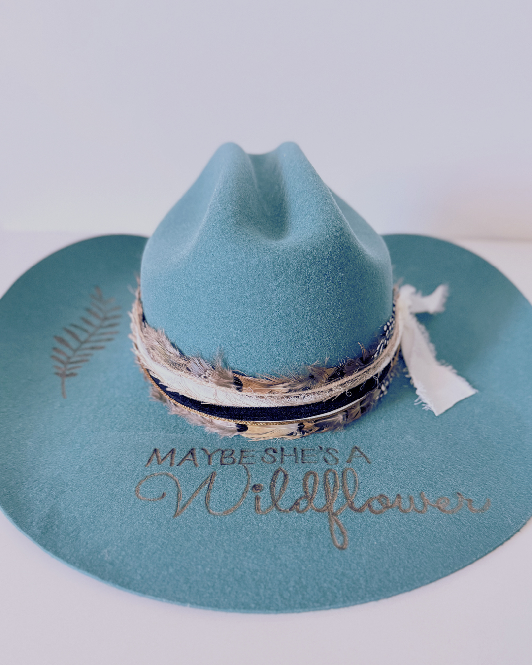 Turquoise Wool Felt Western Hat for Women with Hand-Burned Detail & Feather Band