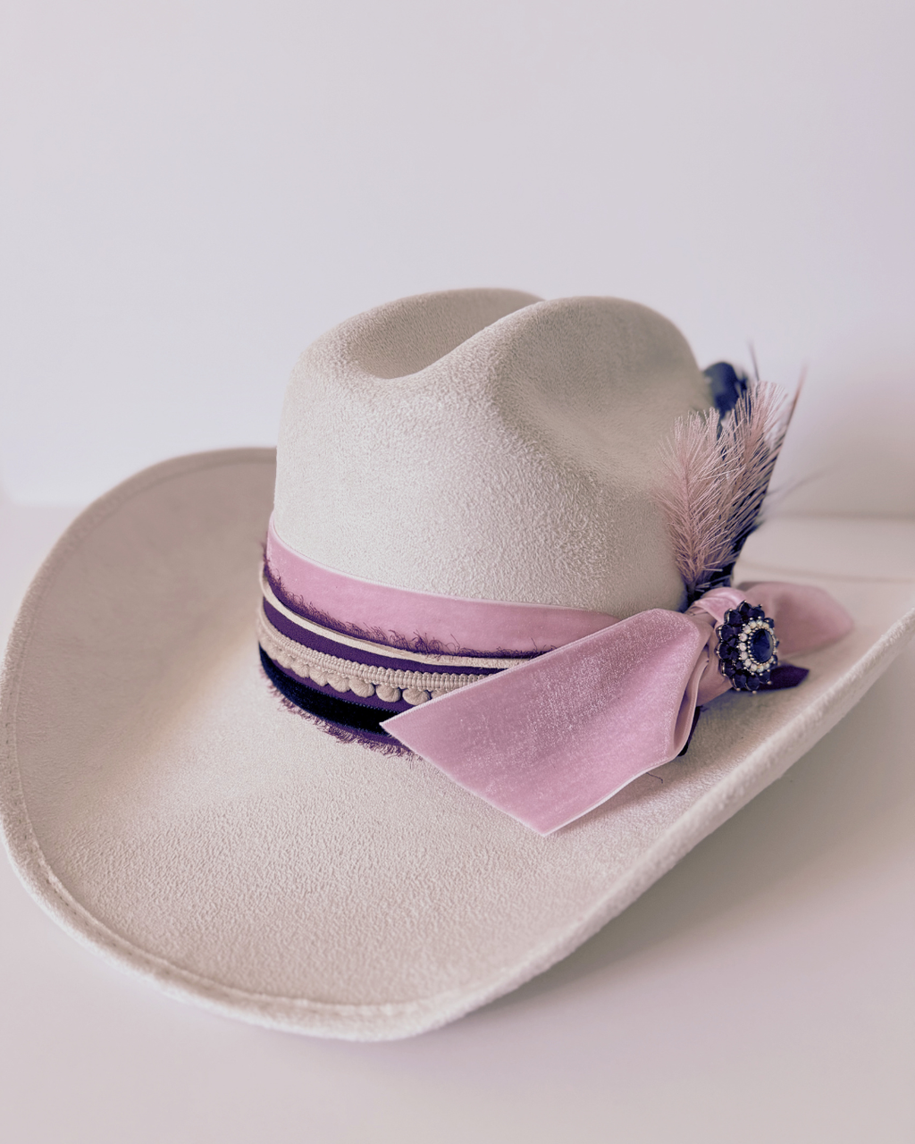 Ivory Vegan Suede Texana Western Hat for Women with Pink, Black & Tan Accents