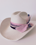 Ivory Vegan Suede Texana Western Hat for Women with Pink, Black & Tan Accents