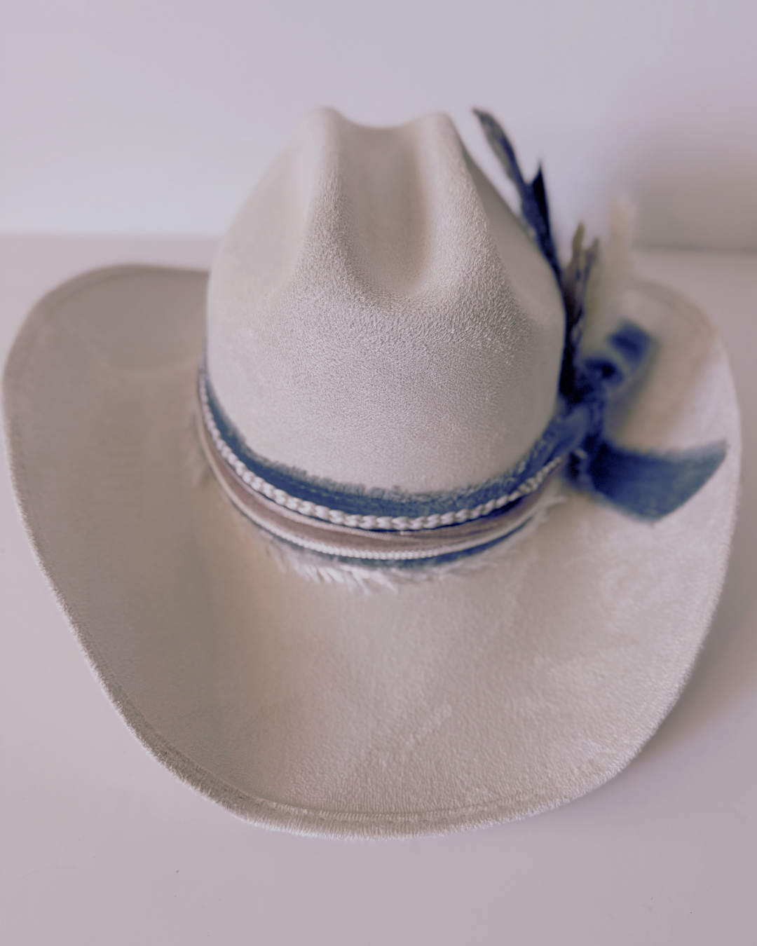 Ivory Vegan Suede Western Texana Hat for Women with Feathers