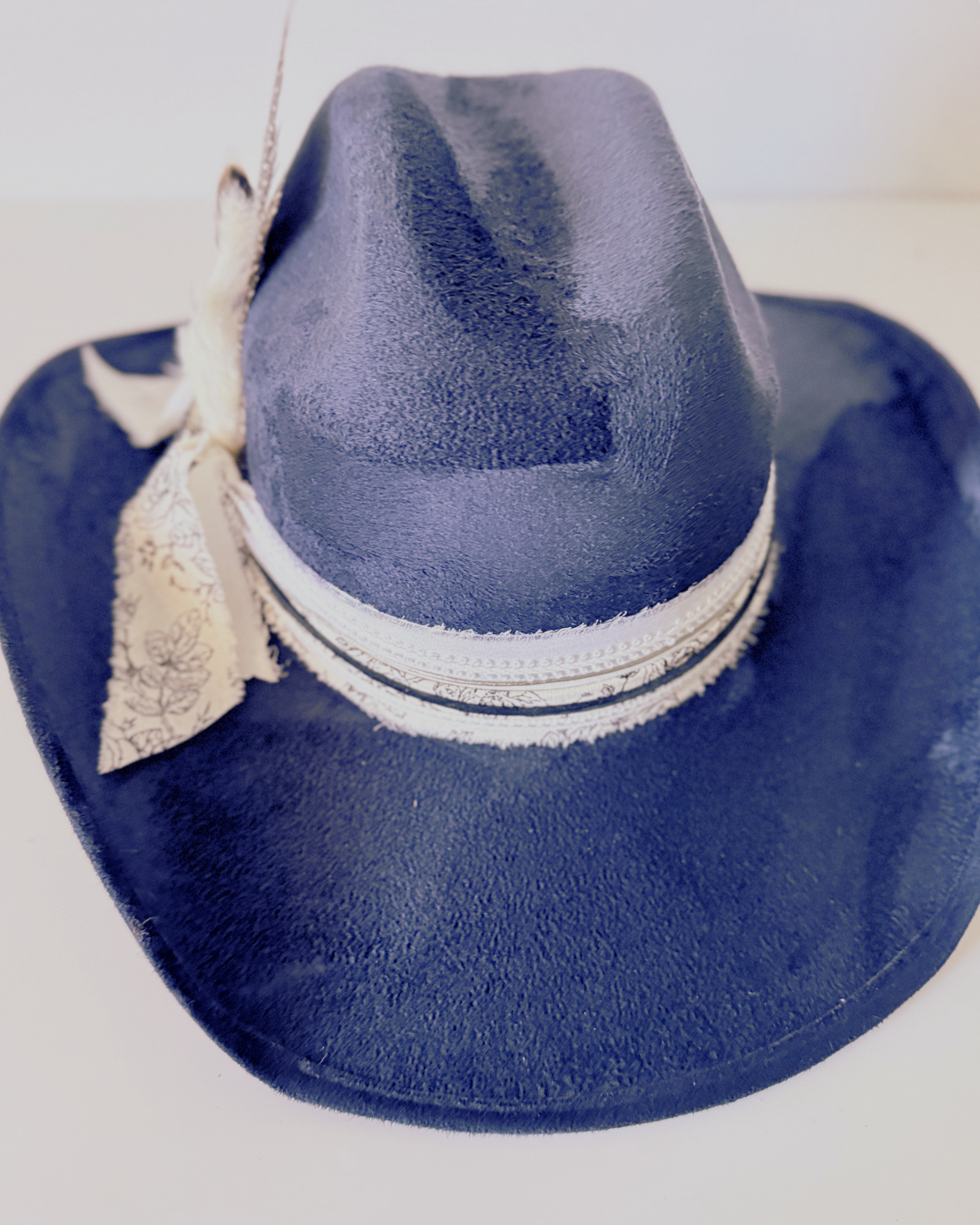 Navy Vegan Suede Western Texana Hat for Women with Black & White Accent
