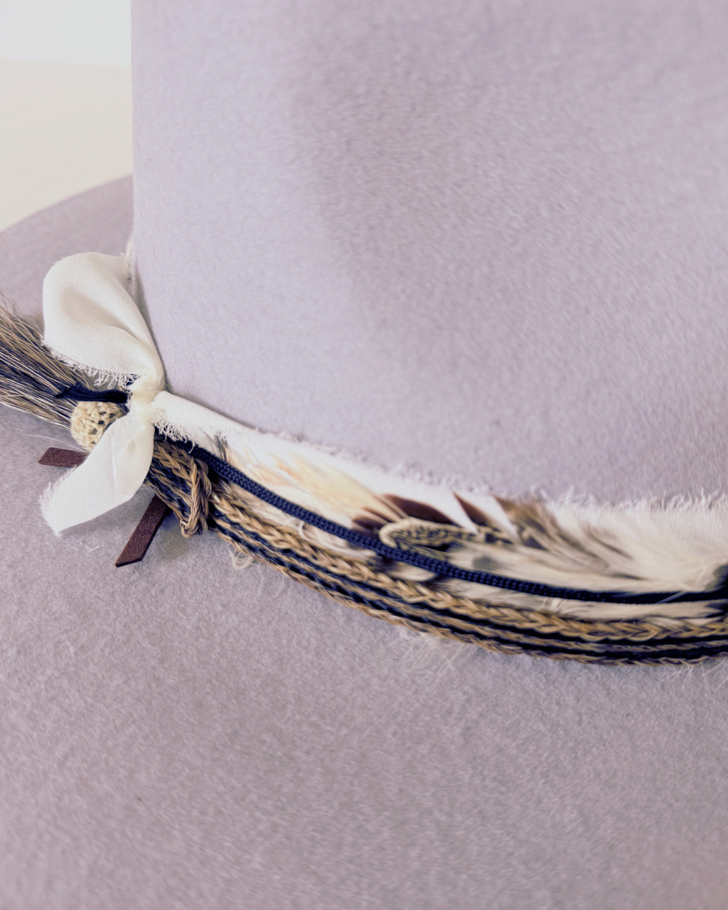 Grey/Lavender 100% Wool Rancher Hat with Feather & Horsehair Band
