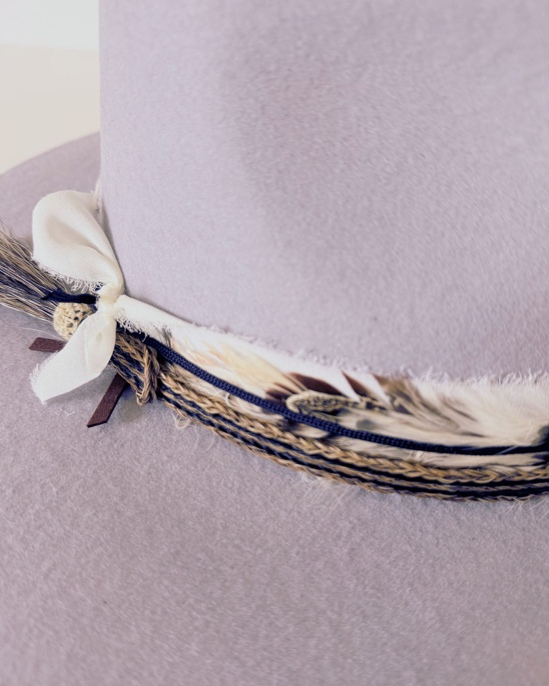 Grey/Lavender 100% Wool Rancher Hat with Feather & Horsehair Band