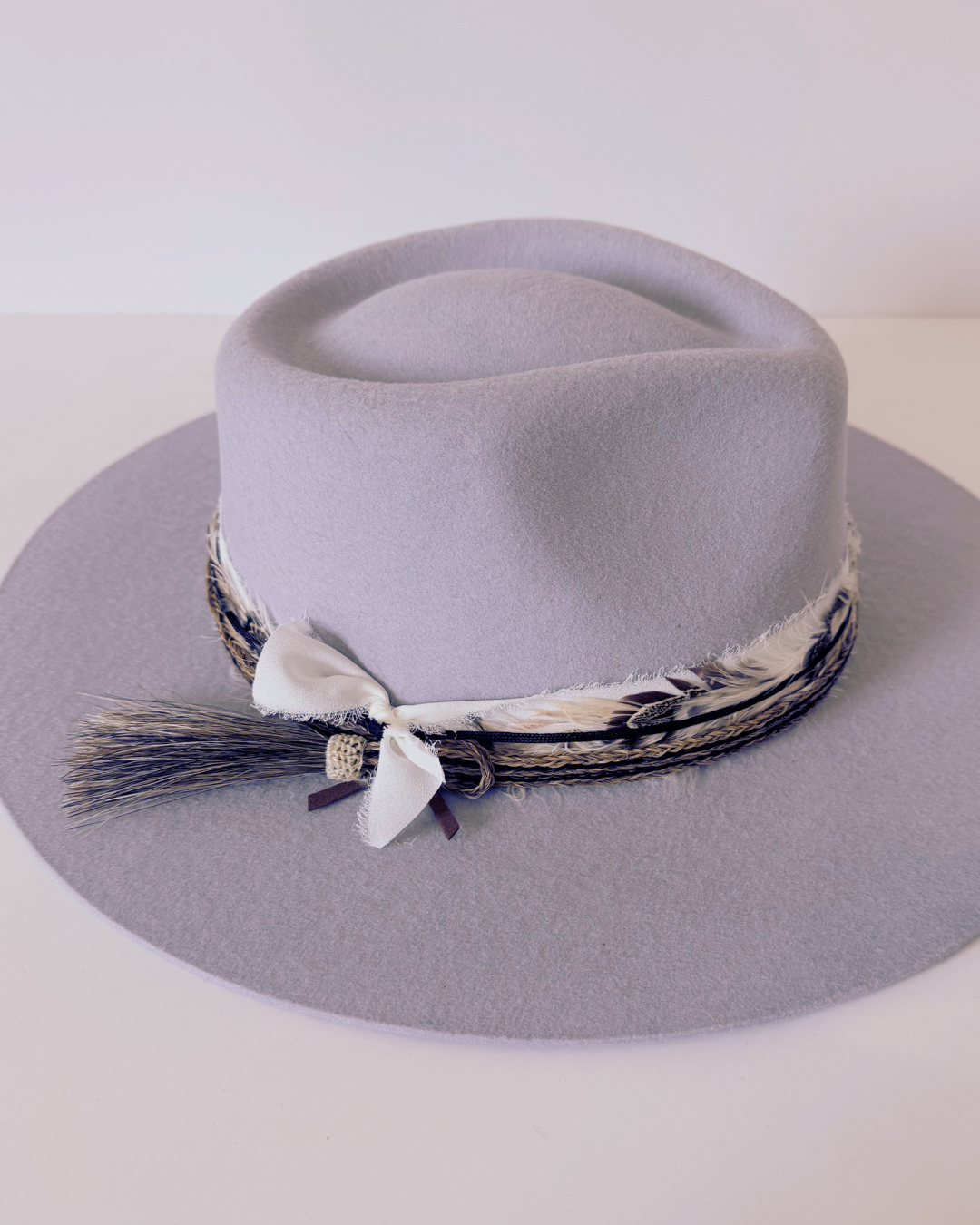 Grey/Lavender 100% Wool Rancher Hat with Feather & Horsehair Band