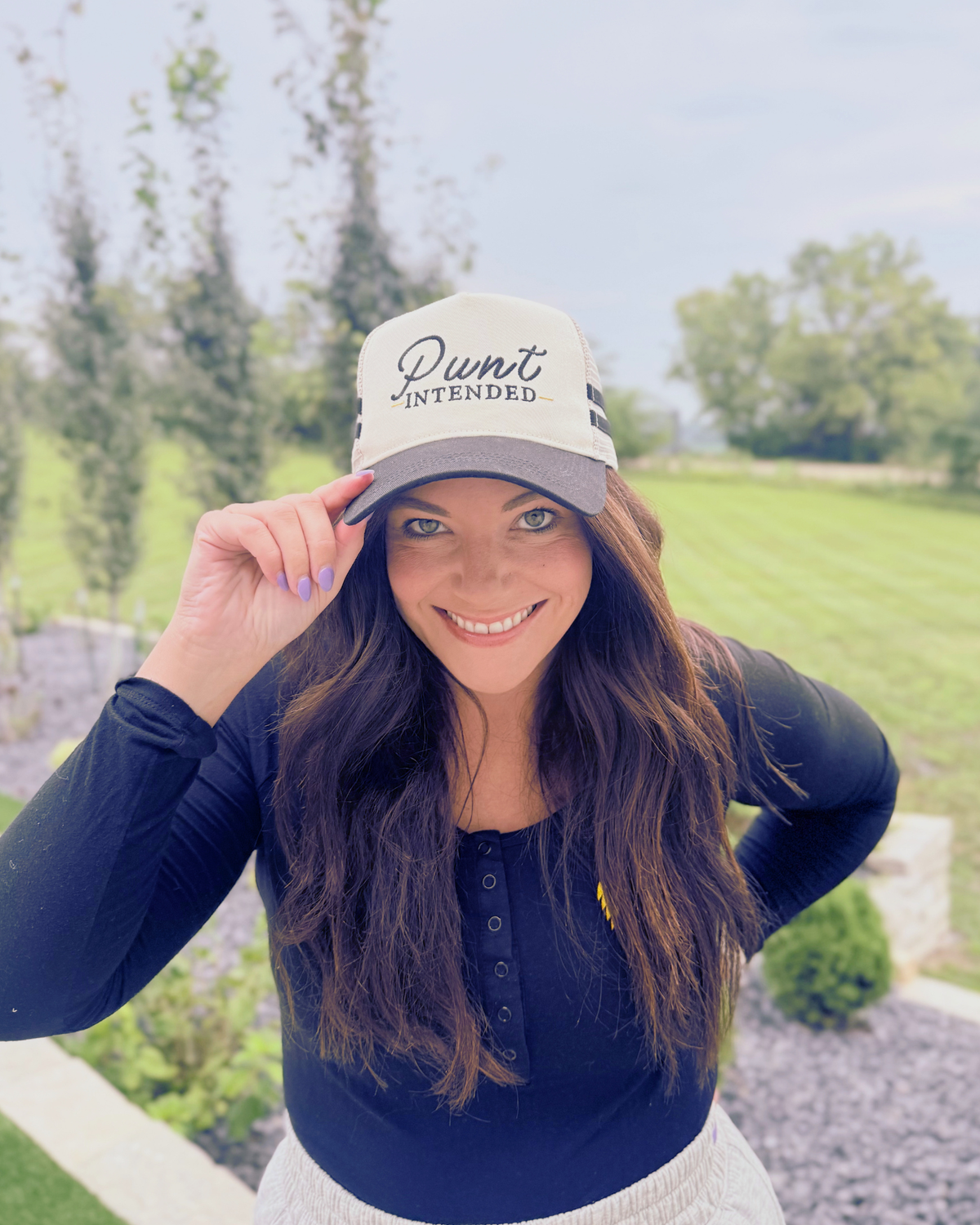 Punt Intended Embroidered Baseball Hat, Black and Beige