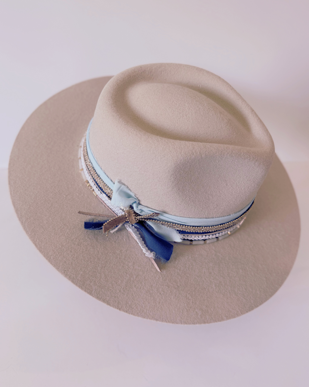Beige, 100% Wool Rancher Hat with Blue, White and Gold Beaded Band