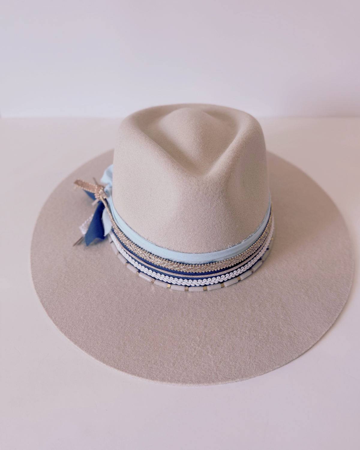 Beige, 100% Wool Rancher Hat with Blue, White and Gold Beaded Band