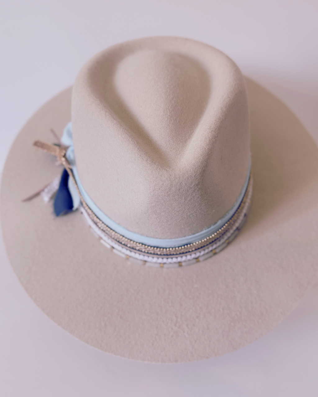 Beige, 100% Wool Rancher Hat with Blue, White and Gold Beaded Band