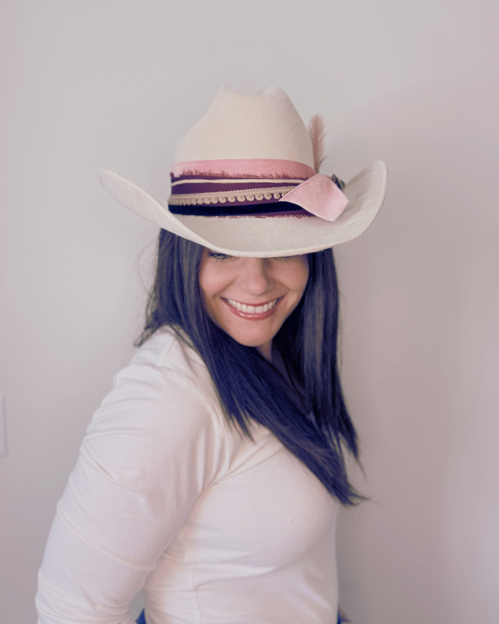 Ivory Vegan Suede Texana Western Hat for Women with Pink, Black & Tan Accents
