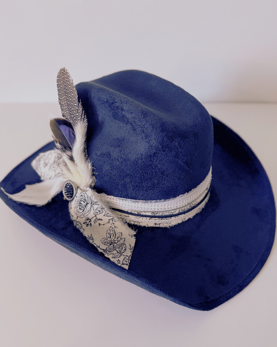 Navy Vegan Suede Western Texana Hat for Women with Black & White Accent