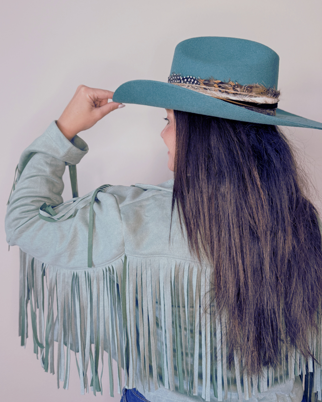 Turquoise Wool Felt Western Hat for Women with Hand-Burned Detail & Feather Band