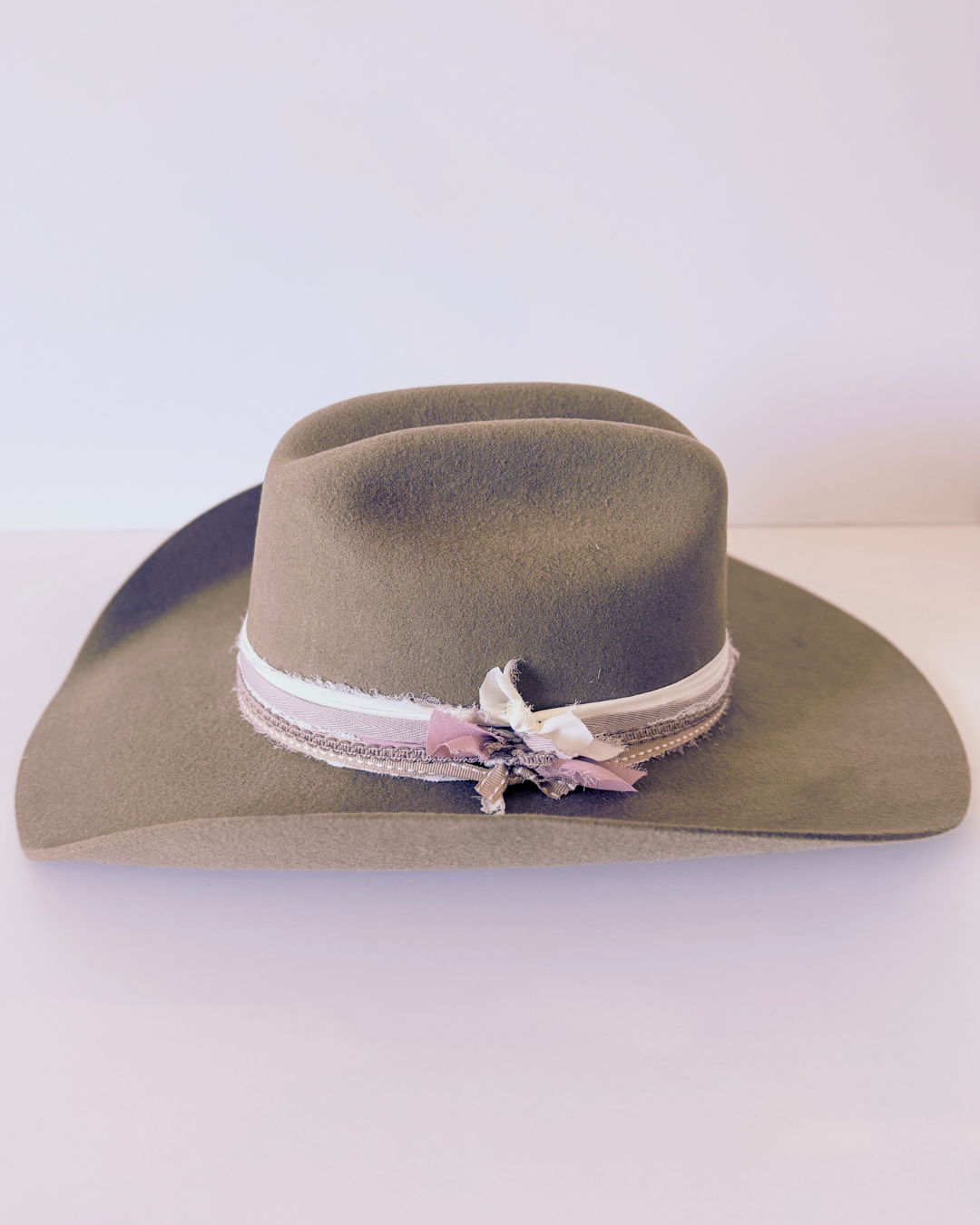 Soft Brown, 100% Wool Felt Western Hat, Ivory and Pink Accents