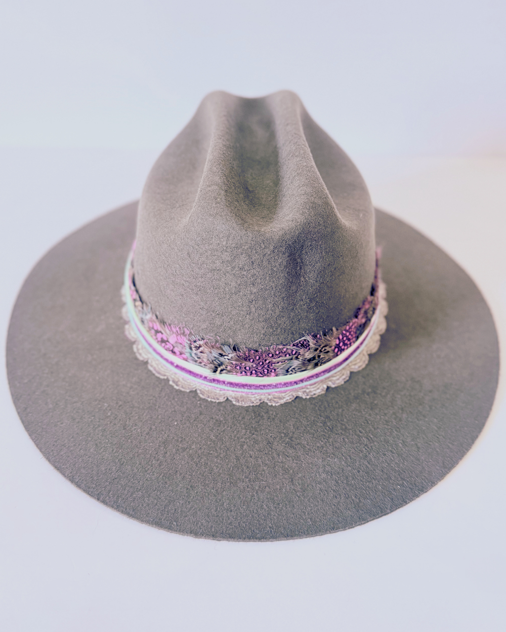 Olive Green, 100% Wool Rancher Hat with Pink Feather Band & Gold Details