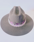 Olive Green, 100% Wool Rancher Hat with Pink Feather Band & Gold Details