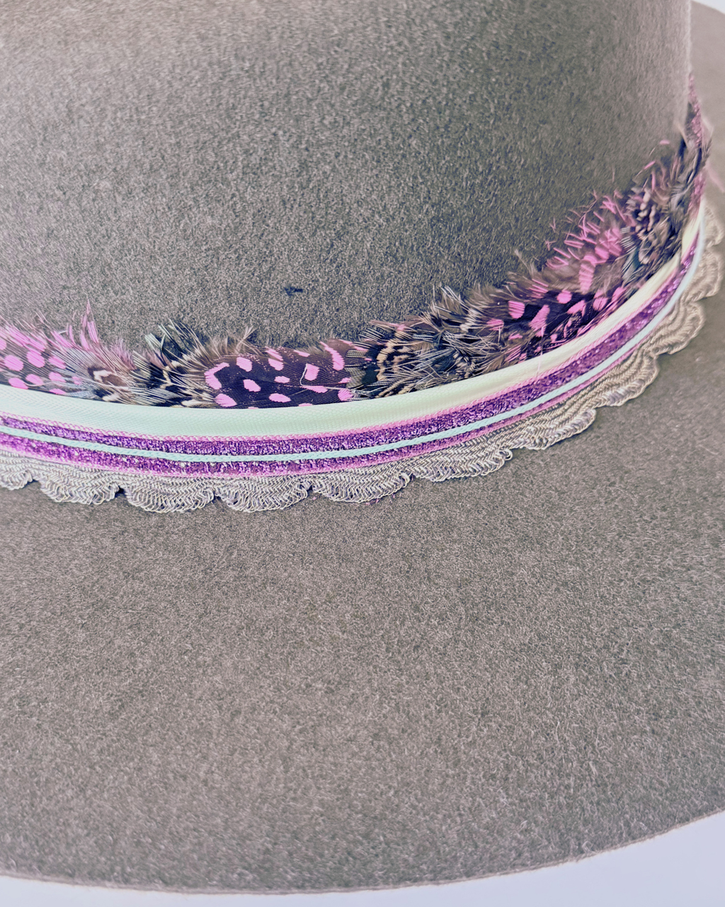 Olive Green, 100% Wool Rancher Hat with Pink Feather Band & Gold Details