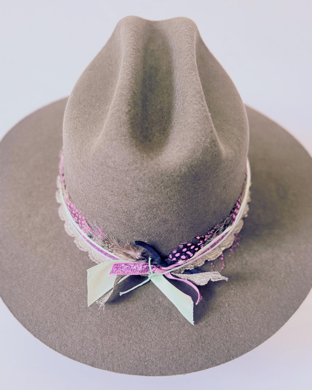 Olive Green, 100% Wool Rancher Hat with Pink Feather Band & Gold Details