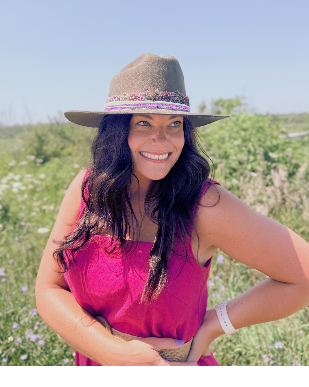Olive Green, 100% Wool Rancher Hat with Pink Feather Band & Gold Details