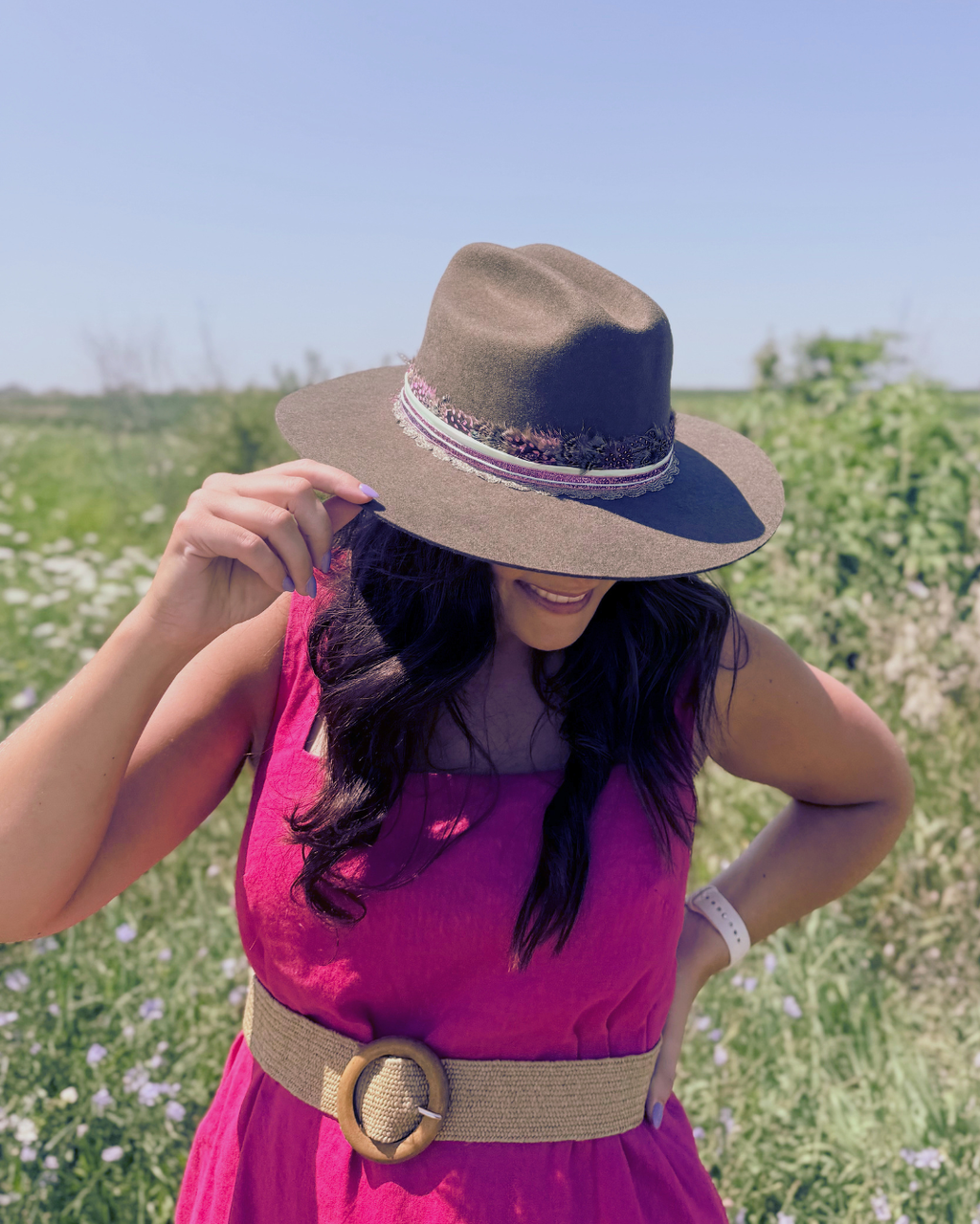 Olive Green, 100% Wool Rancher Hat with Pink Feather Band & Gold Details