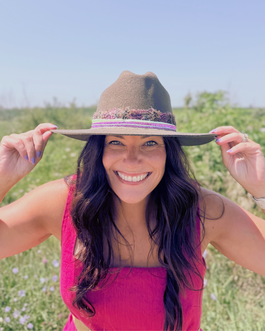 Olive Green, 100% Wool Rancher Hat with Pink Feather Band & Gold Details