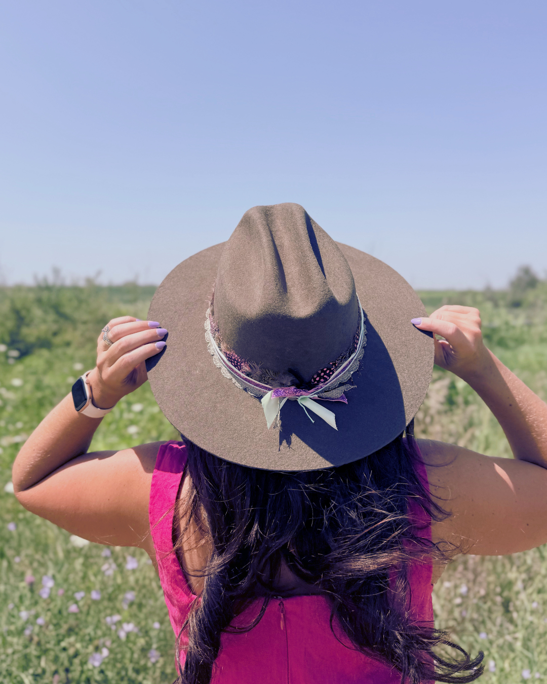 Olive Green, 100% Wool Rancher Hat with Pink Feather Band & Gold Details