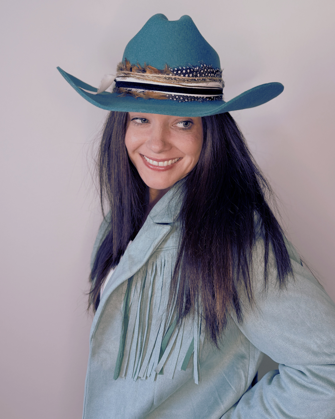 Turquoise Wool Felt Western Hat for Women with Hand-Burned Detail & Feather Band