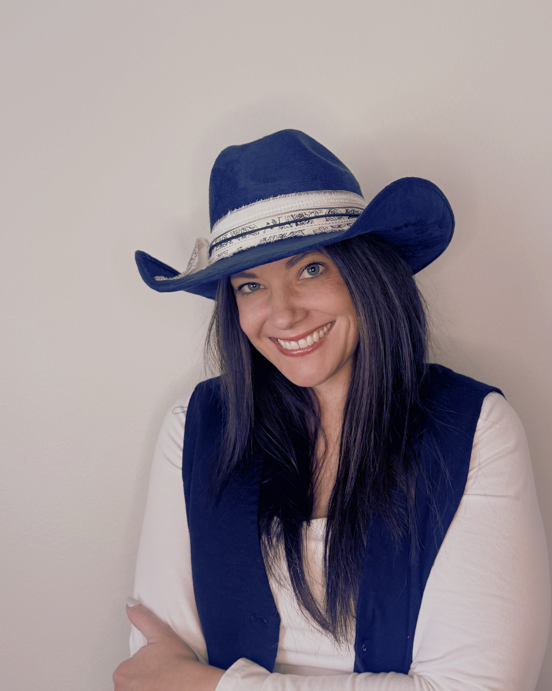 Navy Vegan Suede Western Texana Hat for Women with Black & White Accent