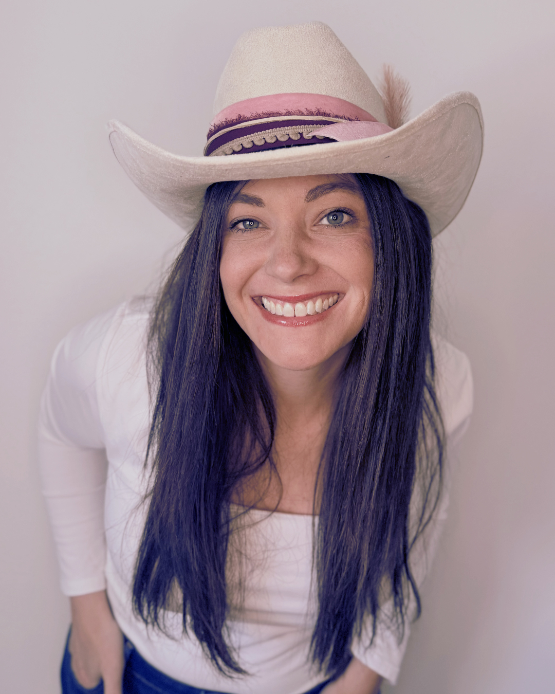 Ivory Vegan Suede Texana Western Hat for Women with Pink, Black & Tan Accents