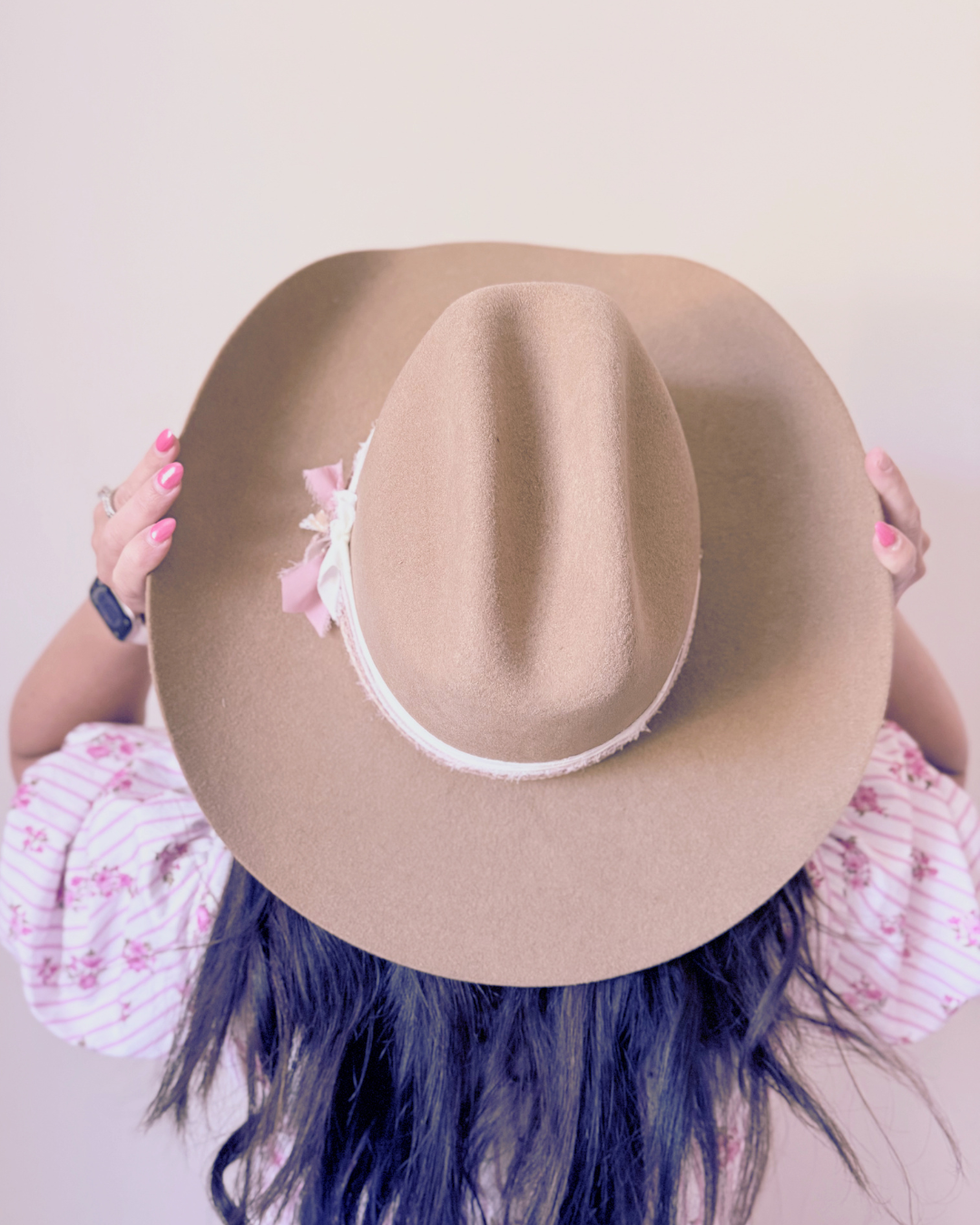 Soft Brown, 100% Wool Felt Western Hat, Ivory and Pink Accents