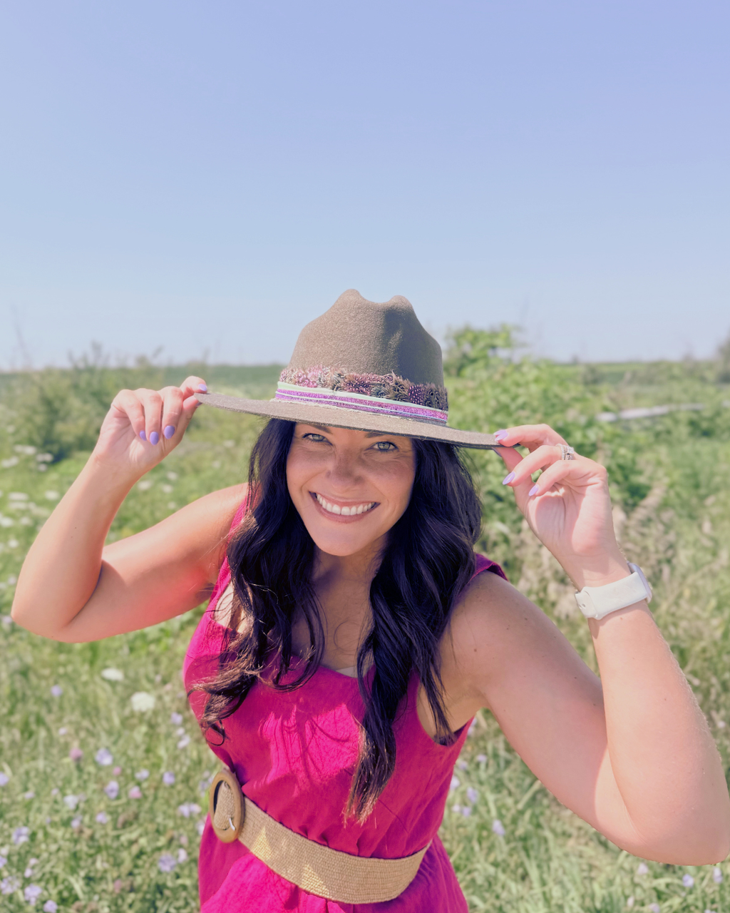Olive Green, 100% Wool Rancher Hat with Pink Feather Band & Gold Details