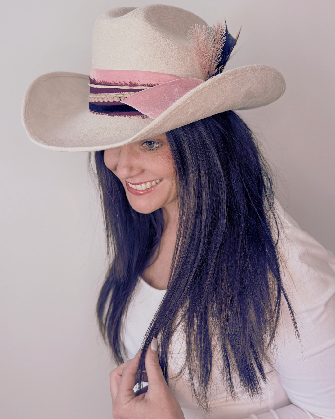 Ivory Vegan Suede Texana Western Hat for Women with Pink, Black & Tan Accents