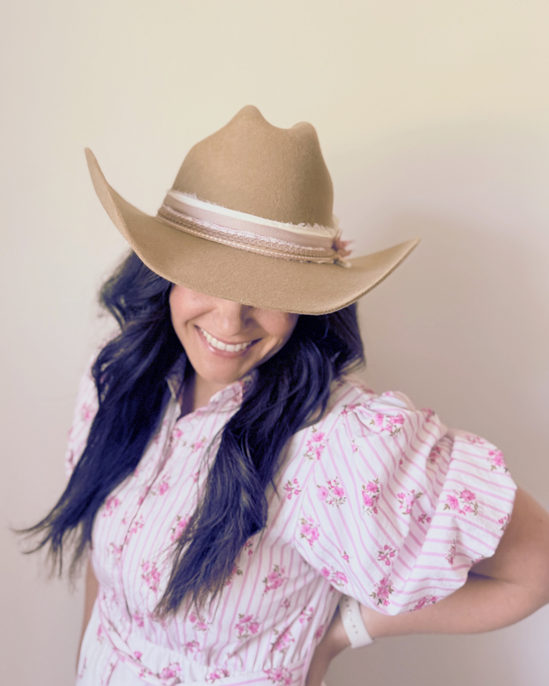 Soft Brown, 100% Wool Felt Western Hat, Ivory and Pink Accents