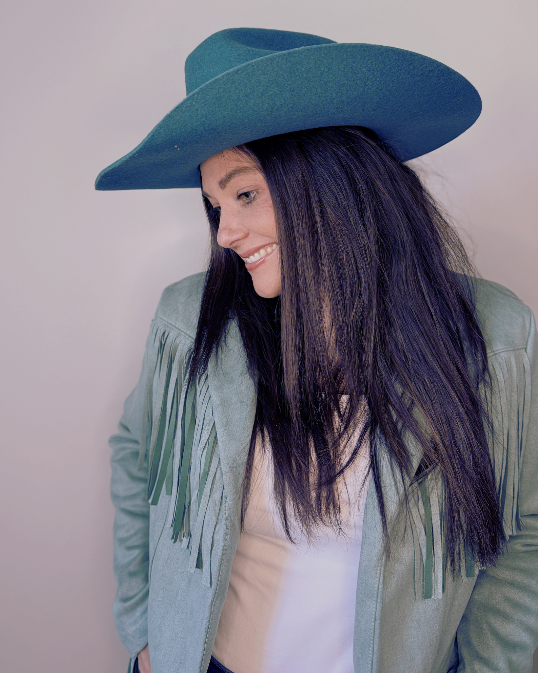 Turquoise Wool Felt Western Hat for Women with Hand-Burned Detail & Feather Band