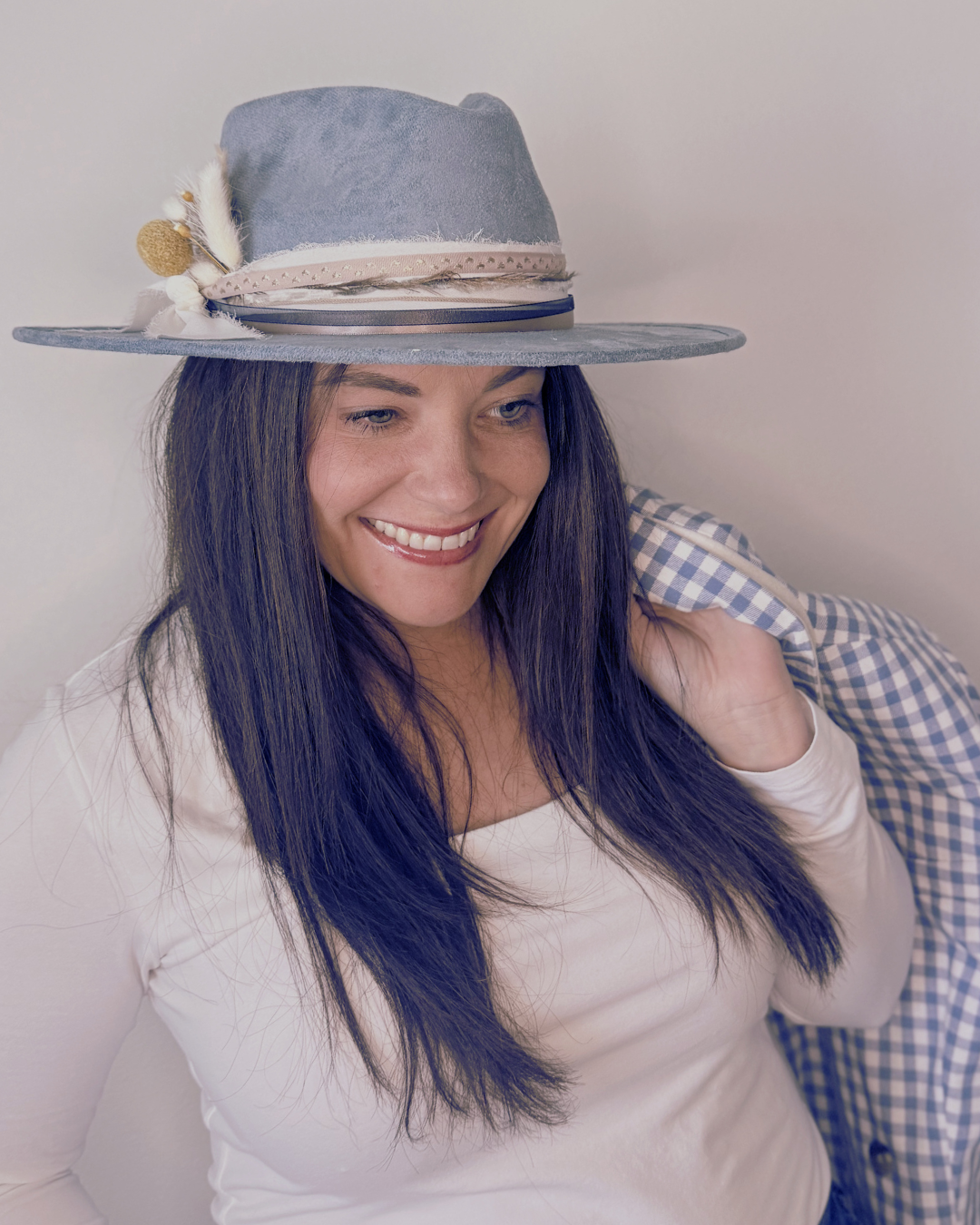 Soft Blue Vegan Suede Flat Brim Western Hat for Women