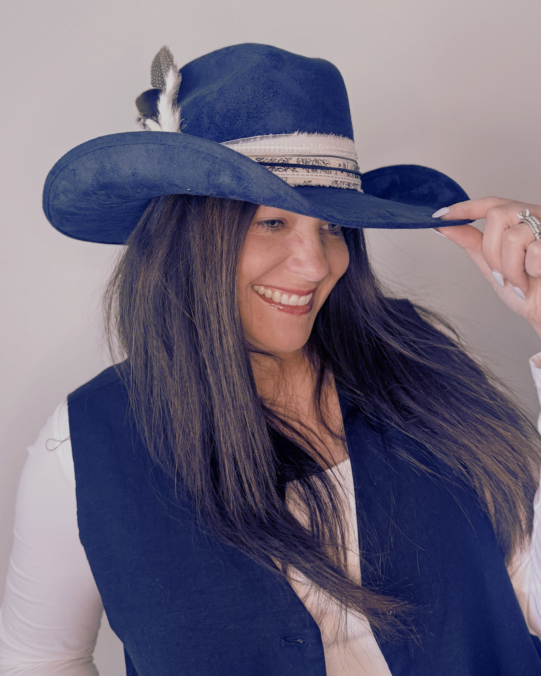 Navy Vegan Suede Western Texana Hat for Women with Black & White Accent