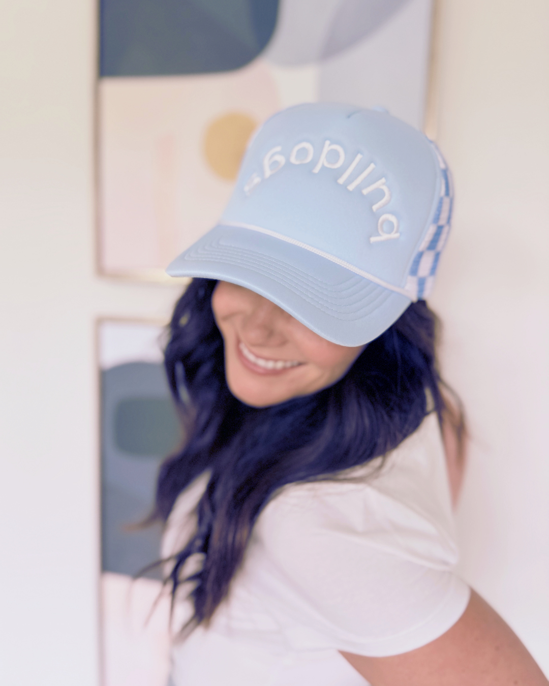Upside-down, Backwards Bulldogs Trucker Hat, Blue and White Snapback