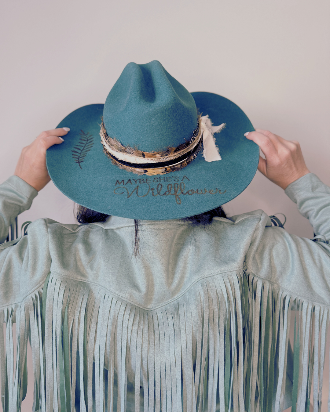 Turquoise Wool Felt Western Hat for Women with Hand-Burned Detail & Feather Band
