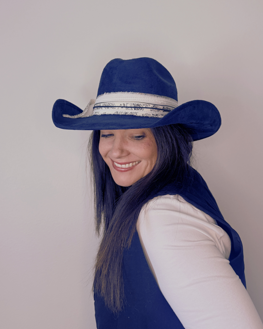 Navy Vegan Suede Western Texana Hat for Women with Black & White Accent