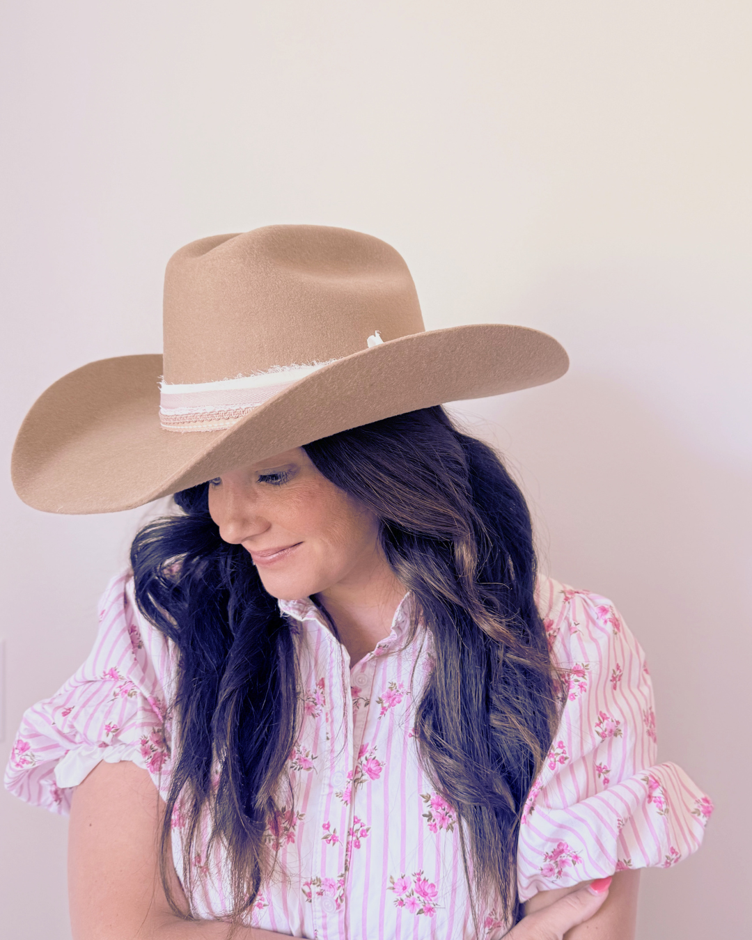 Soft Brown, 100% Wool Felt Western Hat, Ivory and Pink Accents
