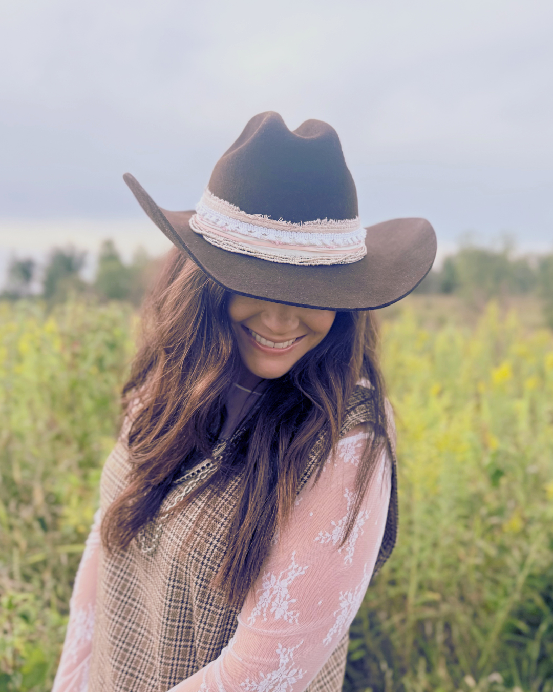 Brown, 100% Wool Classic Western Hat, Pink and White Banding