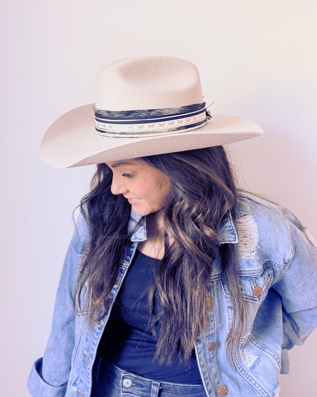 100% Wool Cowgirl Hat, Ivory, Cow Hide Band